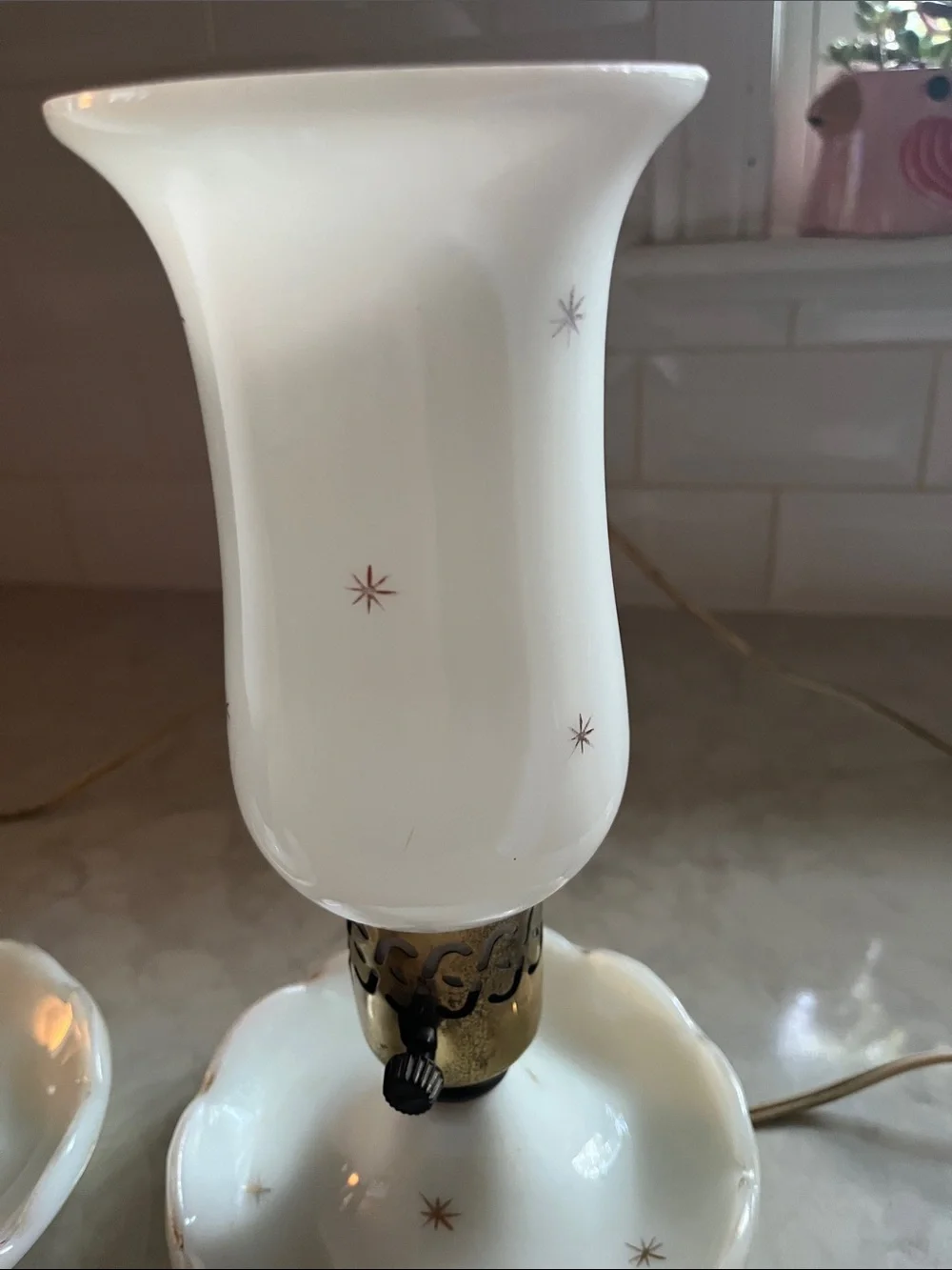 Vintage Milk Glass atomic starburst  Electric Table Lamps (2)